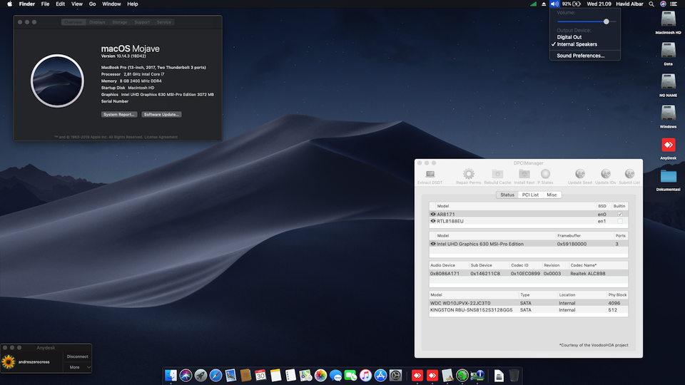 Success Hackintosh macOS Mojave 10.14.3 Build 18D42 at MSI PE60 7RD